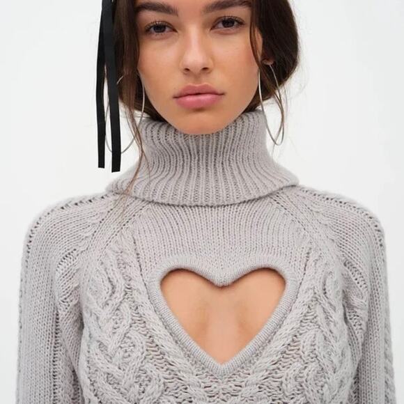 For Love & Lemons Vera Cropped Cut Out Grey Sweater - Picture 2 of 8